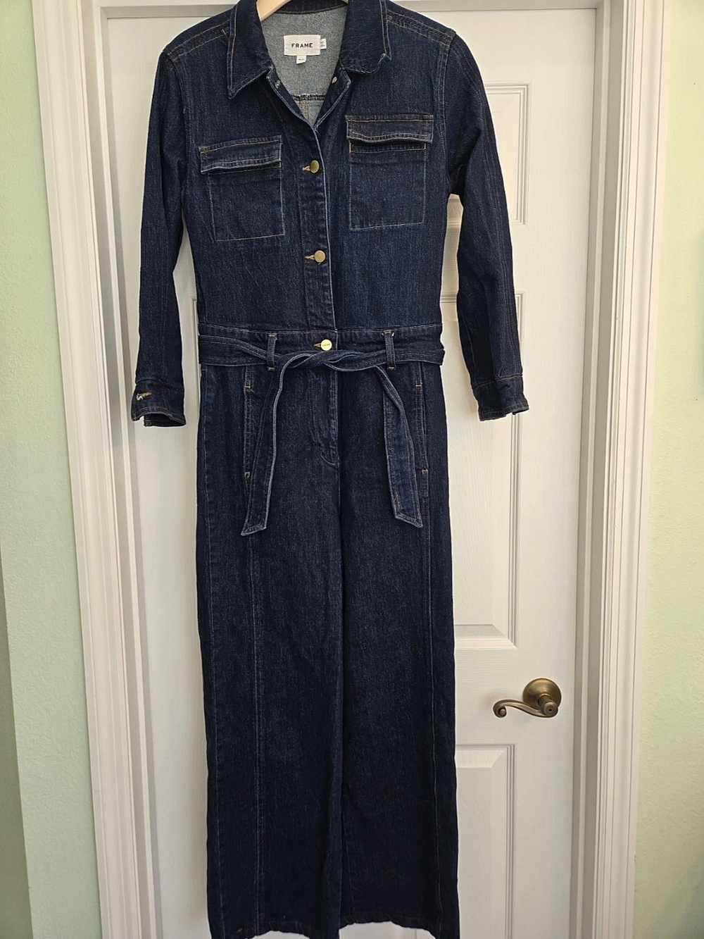 Frame Denim Dark Indigo Denim Jumpsuit Jeans - Belted Wide Leg